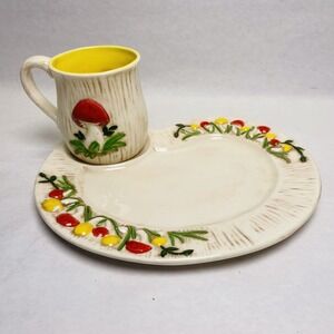 Vintage Arnels Mushroom Pattern Snack Plate & Mug Set 70's Retro Bright Colors